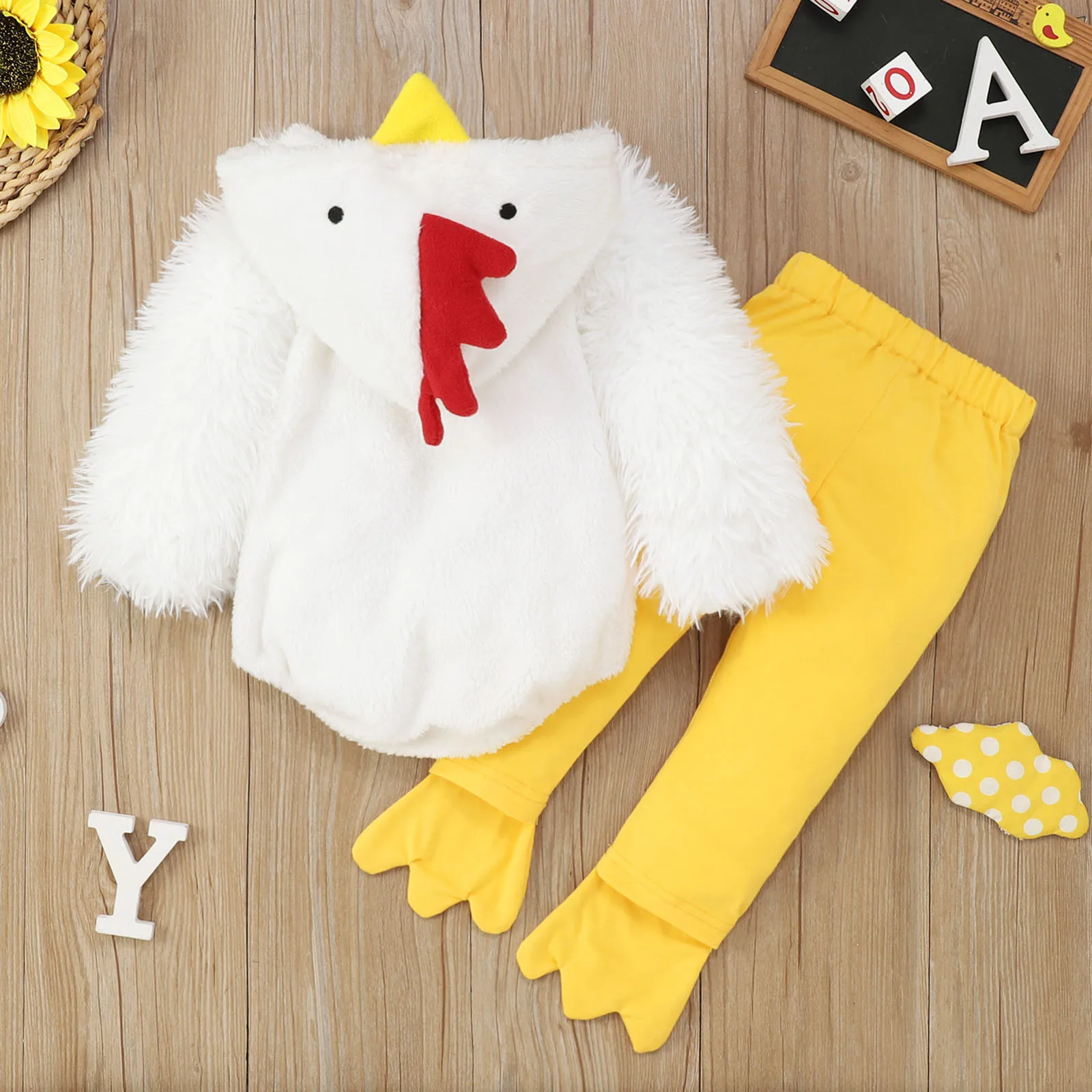Infant Boys Girls Cosplay Chicken Animal Costume Fleece Hooded Romper Bodysuits Pants 2Pcs Outfits Cute Outfits for Baby Girls 3