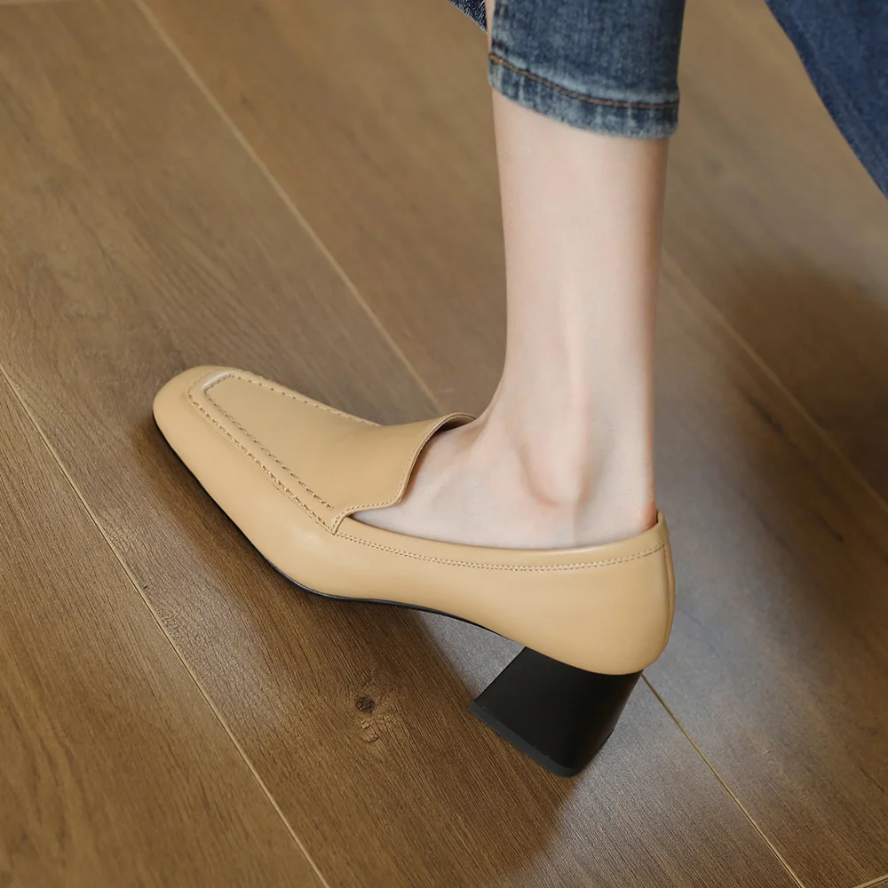 

2022 Spring Women Leather Pumps Square Heels Pumps High Heeled Loafers New Brand Simple Shoes Brown Footwear for Women