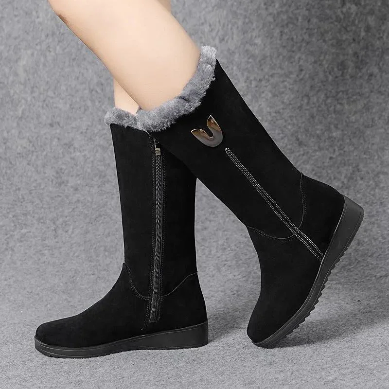 Warm Chelsea High Fur Boots Women 2023 Winter Shoes for Women Chunky Mid-calf Plush Snow Flat  Fashion Boots
