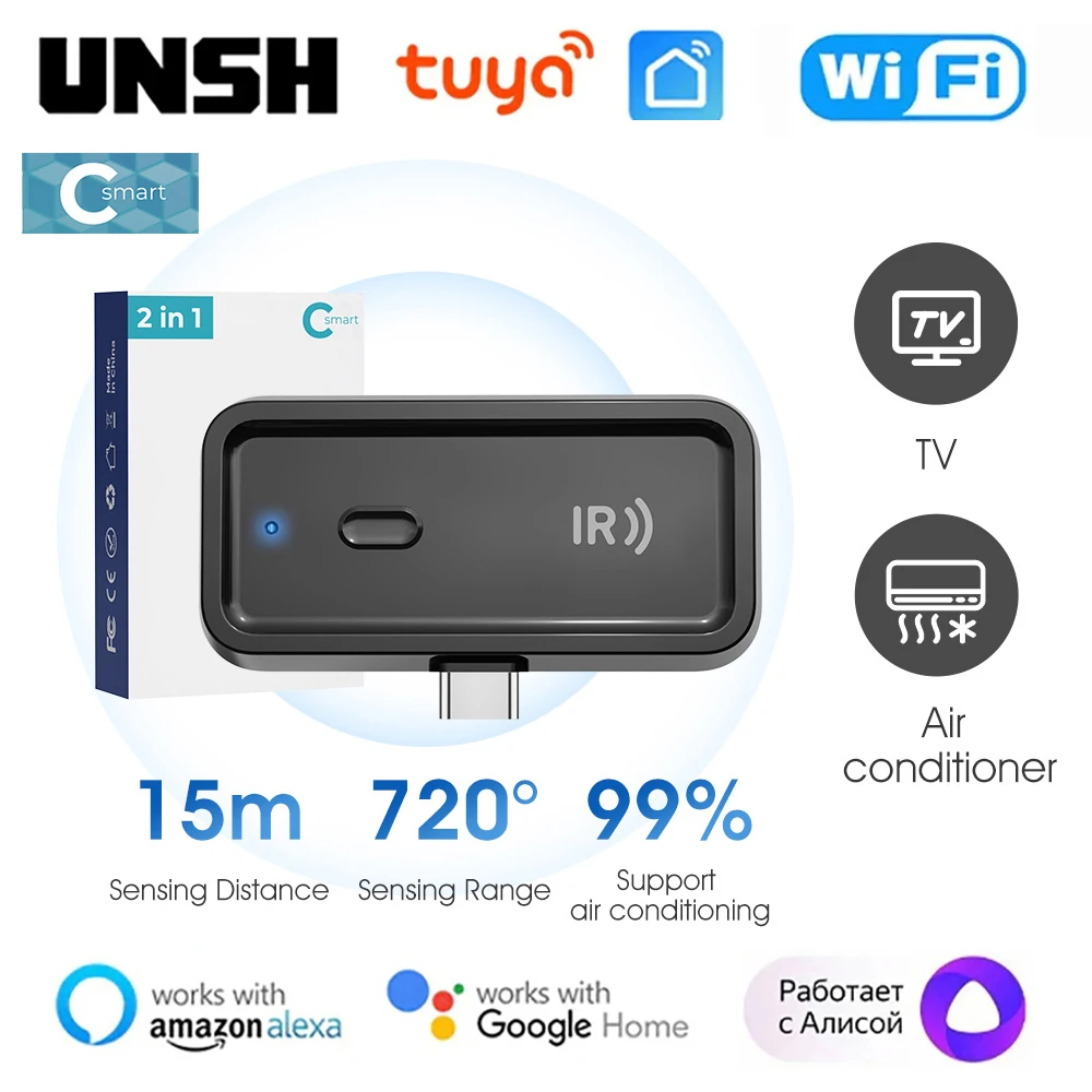 투야 IR 와이파이 스마트 리모컨, TV DVD AUD, 알렉사 구글 홈, 얀덱스 앨리스를 통한 범용 스마트 라이프 제어, C타입, 15M, 720 °