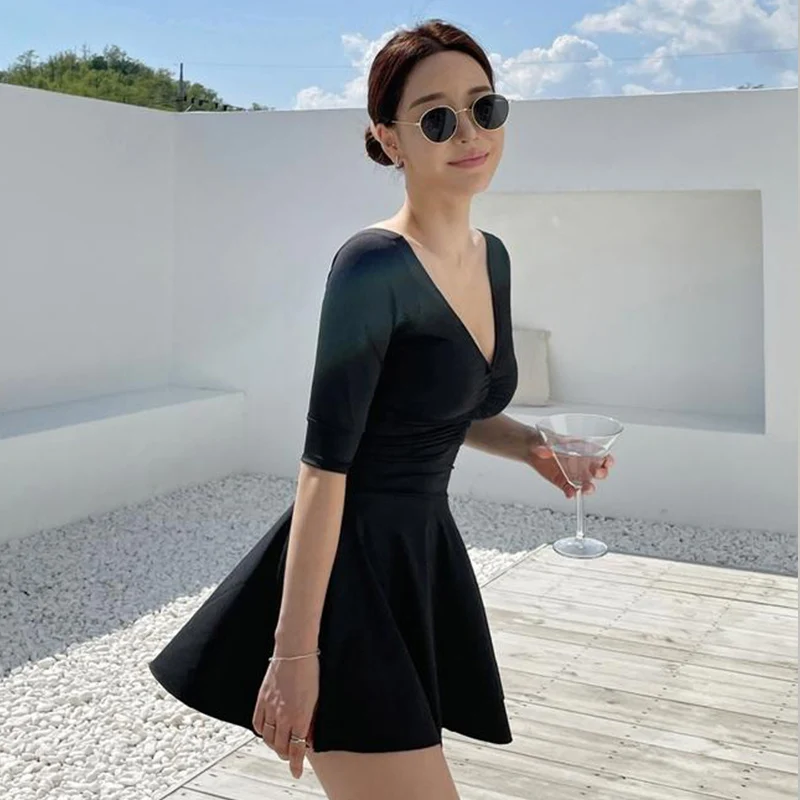Short Sleeve One Piece Swimsuit Women Solid Black Swimwear Skirt Monokini Ruffle Bathing Suit Push Up Pad High Cut Korea Style