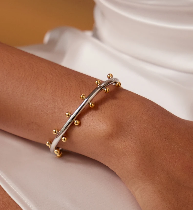 18K Gold Plated Row Ball Bangle – Elegant Gold Cuff Bracelet with Metal Beads for Women