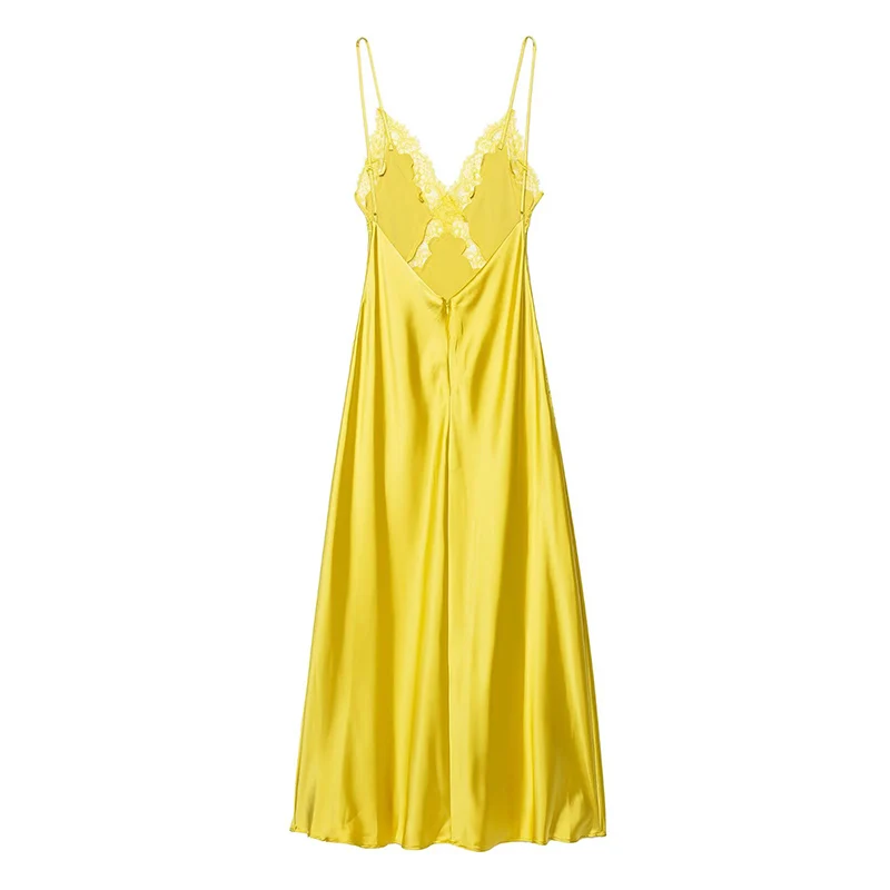 Womens Dresses Lace Satin Slip Dress Summer 2025 Sexy Evening Party Dresses Ladies Midi Yellow Sleeveless Backless Vestidos