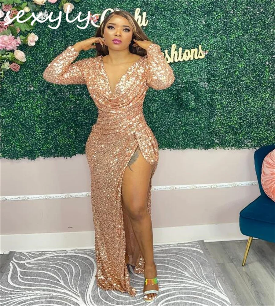 

Блестящие Розовые золотые Выпускные платья с разрезом, блестящее вечернее платье с V-образным вырезом и блестками, черное официальное платье с длинным рукавом для девушек, блестящее женское платье