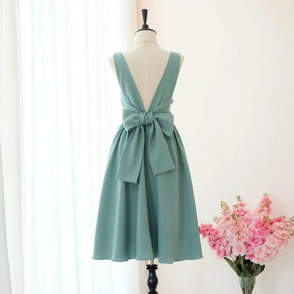 

Sage Green V Back Homecoming Dress With Sash Bow Simple Elegant Modest Party Graduation Dress