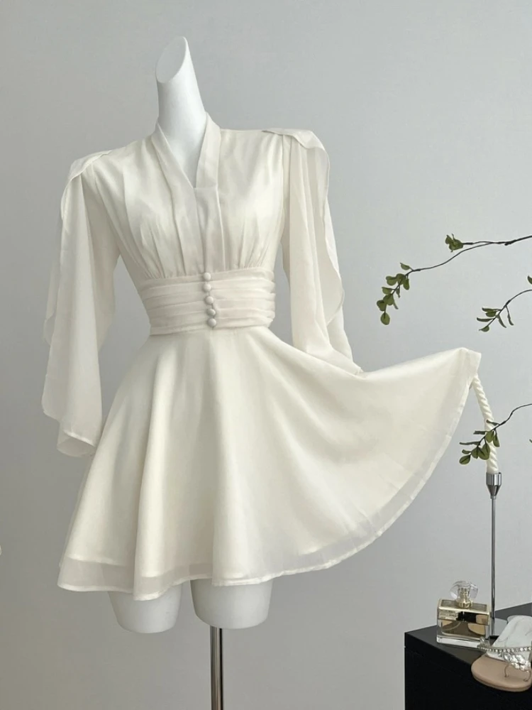 Elegant Solid Chiffon Short Dresses for Women V-neck Long Sleeve High Waist Ruffles A-line Korean Fashion One Piece Vestido New