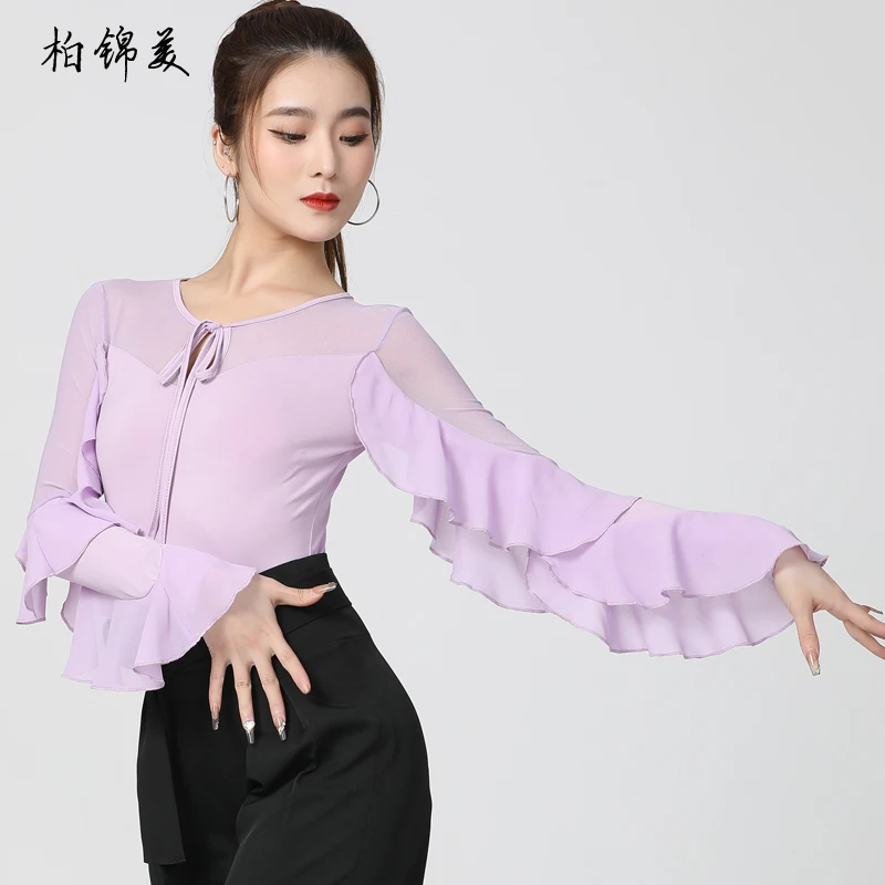 Dance Shirts Women Modern Latin Dance Ruffled Long Sleeve Body National Standard Performance Friendship Practice