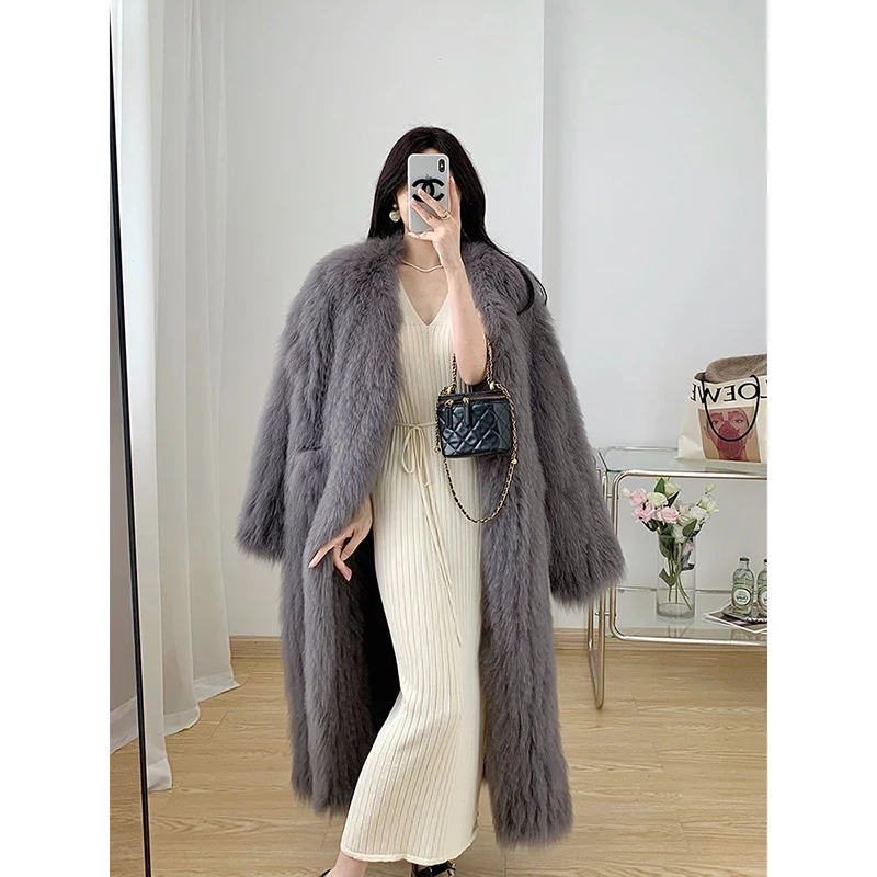 Street Style Fashion Long Sleeve V-neck Women's Faux Fur Coat 2023 Winter Fox Fur Coat Commute Style Long Thick Faux Fur Coat