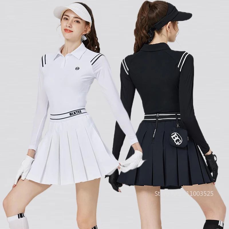 Golf Polo Shirts Women Long-sleeved T-shirt Ice Silk Sunscren Top Pleated Skirt High Waist Golf Skirts Bag New Blktee