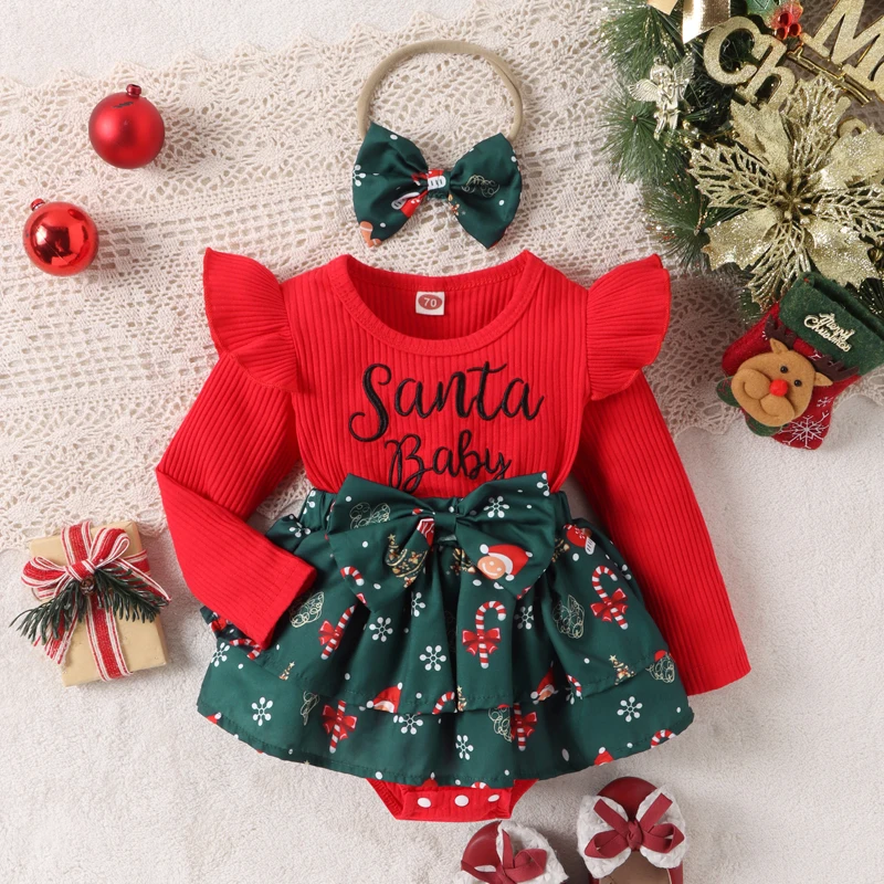 

Рождественское платье-комбинезон для маленьких девочек, с длинным рукавом, с надписью, шапкой Санта, комбинезон с принтом и бантом на голову