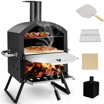 Outdoor Pizza Oven Wood Fired 2-Layer Pizza Maker with Pizza Stone Pizza Peel Removable Cooking Rack Waterproof Cover Folding Le 1