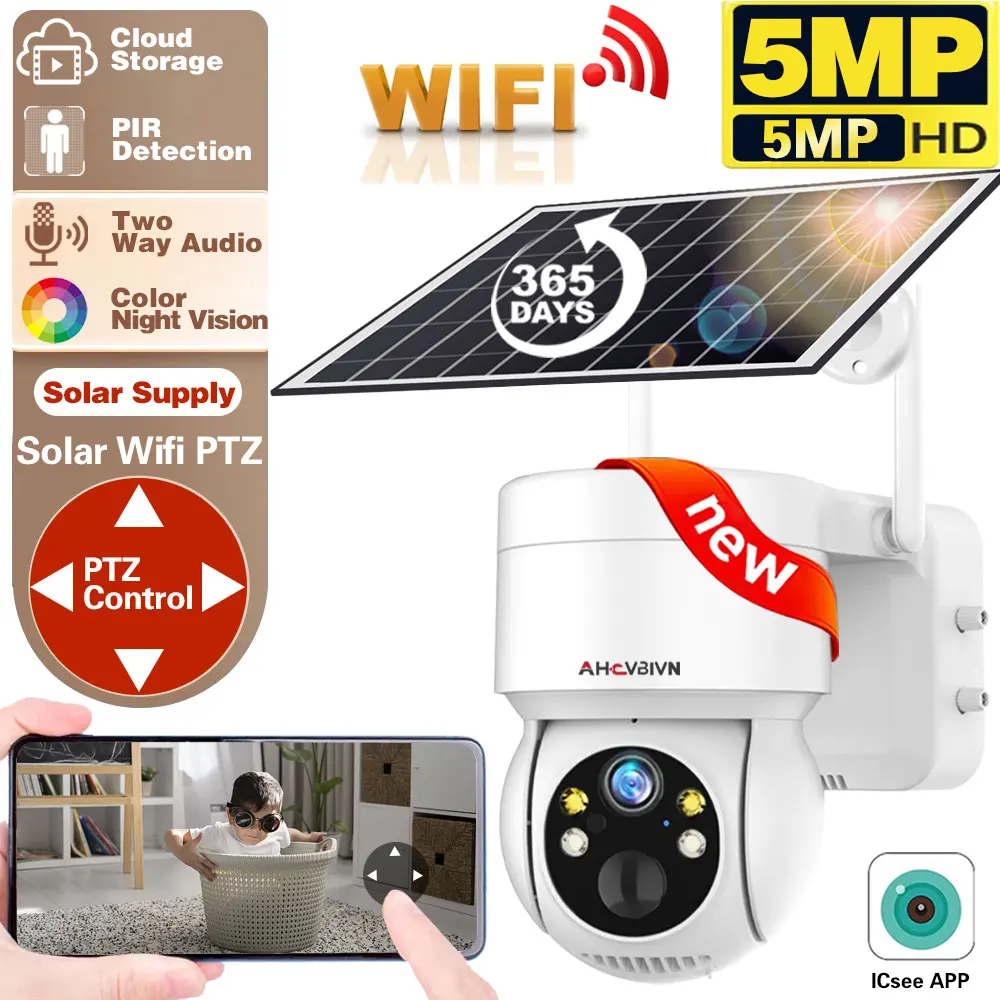 Icsee Telecamera Solare Mini Motion Detection Telecamera Di Allarme Hd Telecamera Solare Esterna 5Mp Wifi Telecamera Ptz Telecamera Di Sicurezza Ad En