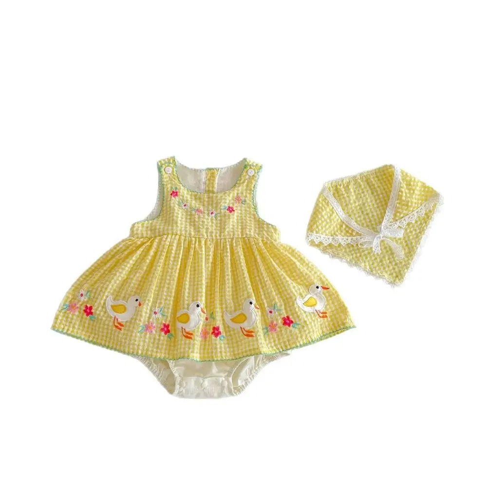 Sleeveless Design Baby Girl Romper Dress Yellow Gingham Duck Print Princess Dress Cotton Material Floral Embroidery