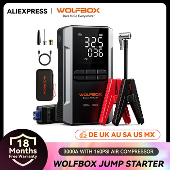 Avviatore di emergenza WOLFBOX 3000A con compressore d'aria, avviamento di emergenza per batteria per auto portatile da 16000 mAh e 160 PSI con ricarica rapida da 65 W