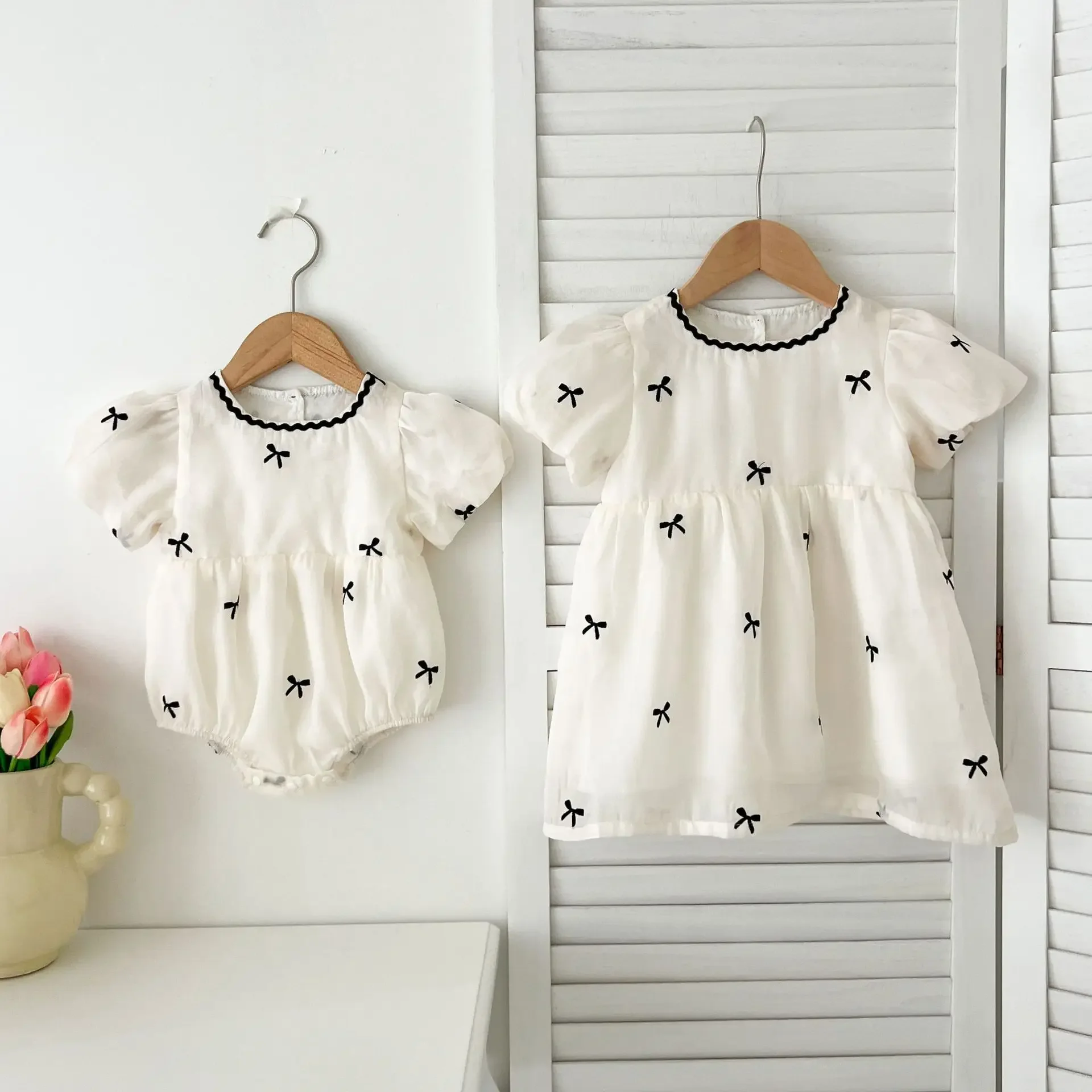 Sisters' Cotton Baby Girl Puff Sleeve Romper & Princess Dress 3