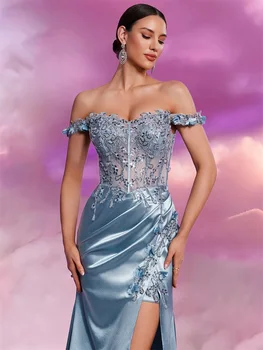 فساتين سهرة فاخرة من الساتان حورية البحر باللون الأزرق 2025 للنساء بدون أكمام ورقبة على شكل V وفتحة من التل فستان طويل للحفلات الراقصة 6