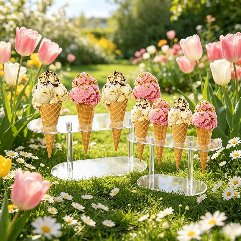 1PC 4 구멍 투명 아크릴 아이스크림 콘 스탠드 휴대용 디저트 디스플레이 랙 결혼식 생일 파티 디저트 가게 장식