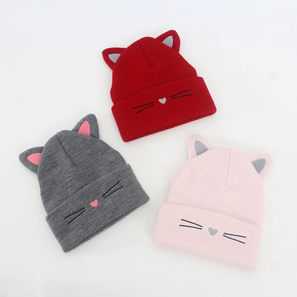 Baby Cartoon Embroidery Cat Ears Kids Knitted Hat Warm Cute Beanie for 1-6years Old Boys Girls Kids Cotton Caps Accessories