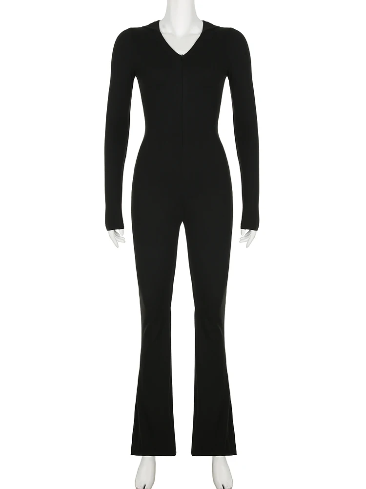 IAMSURE Sporty Activewear Basic Solid Jumpsuits Slim Hooded V-Neck Zipper Long Sleeve Rompers Women 2023 Autumn Winter Fashion