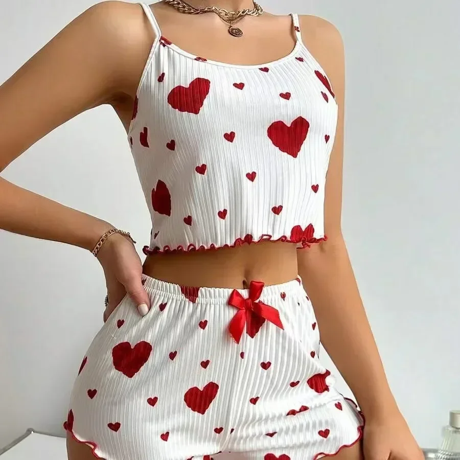 Women's Heart Print Relaxed Fit Summer Sleepwear Set with Backless Cami Top and Shorts