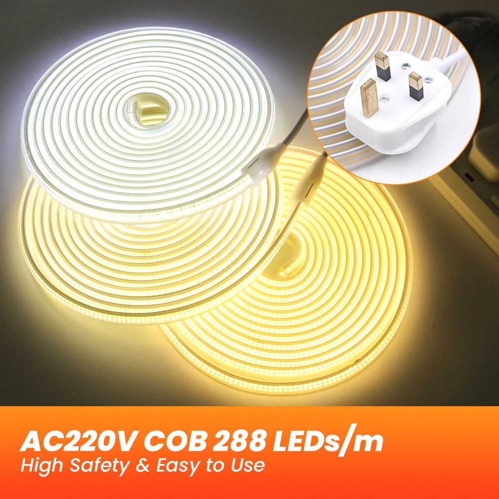 220V LED Strip Super Bright 288/360 LEDs/m COB LED Light Warm /Natural/White Decor Outdoor Waterproof LED Strip Light + UK Plug