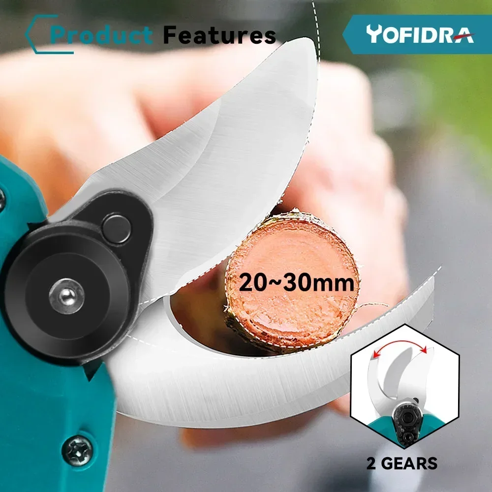 Yofidra 30mm Brushless Electric Pruning Shears 2 Gears Cordless Rechargeable Fruit Tree Bonsai Pruning For Makita 18V Battery 4