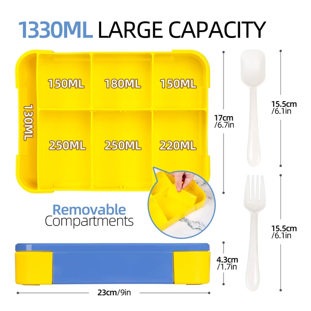 Boîte à déjeuner de 1330ML, boîtes à Bento pour adultes, récipients alimentaires avec 6 compartiments et vaisselle pour le travail des collations, chauffage au four à micro-ondes à l'école 2