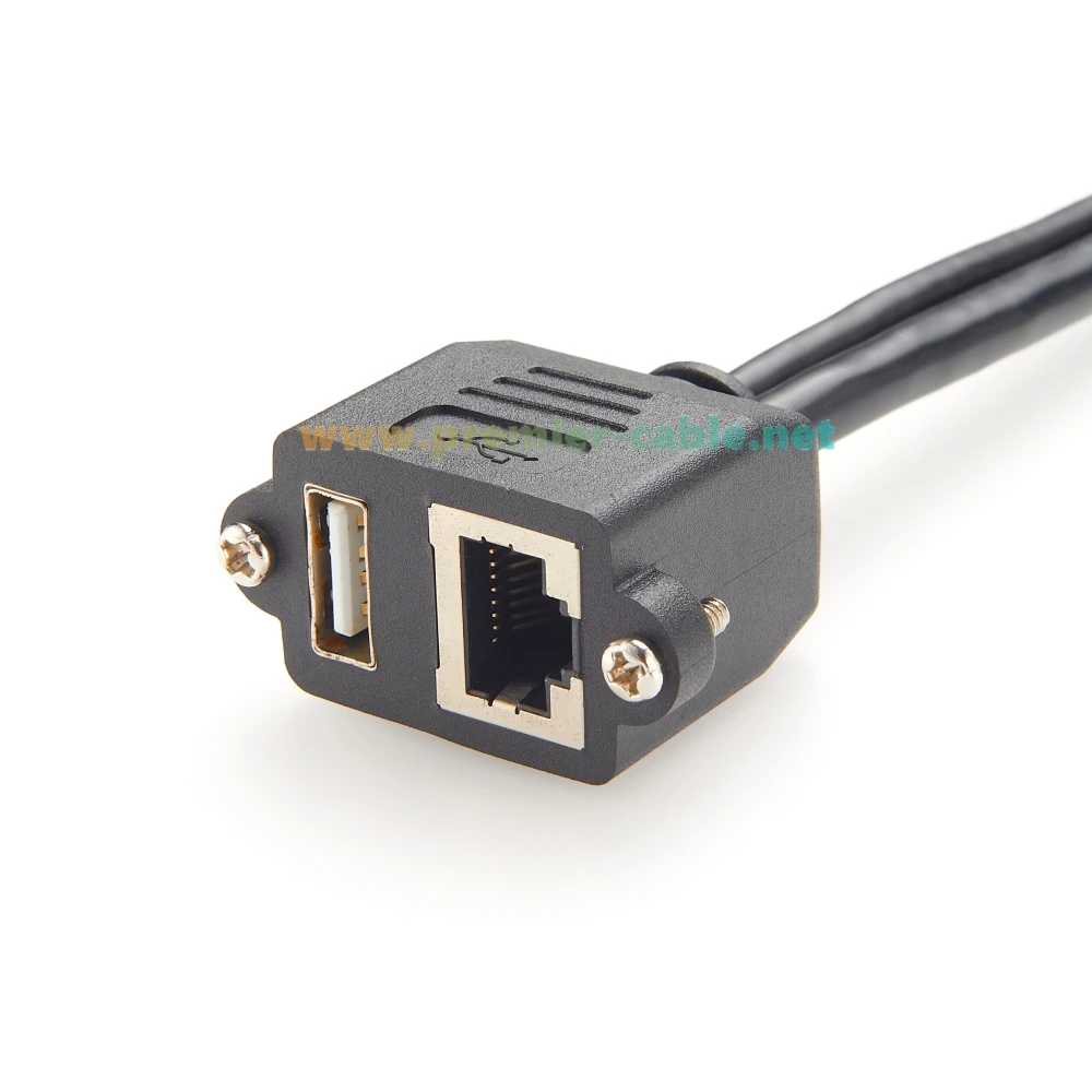 Dual USB 2.0 RJ45 Cat5e Ethernet Combo Extension Cable RJ45 8P8C USB Type-A Male to Female Screw Panel Chassis Feedthrough Cable
