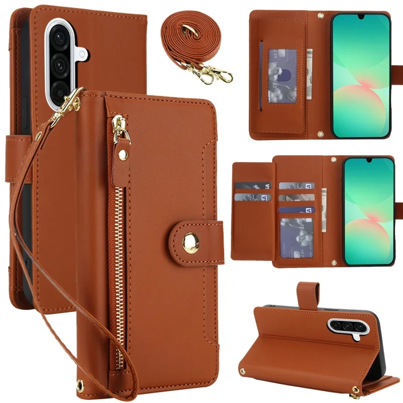 Lanyard Leather Zip Wallet Card Phone Case Cover