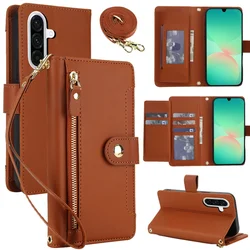 Lanyard Leather Zip Wallet Card Phone Case Cover - Samsung A24 (5G) (Brown)