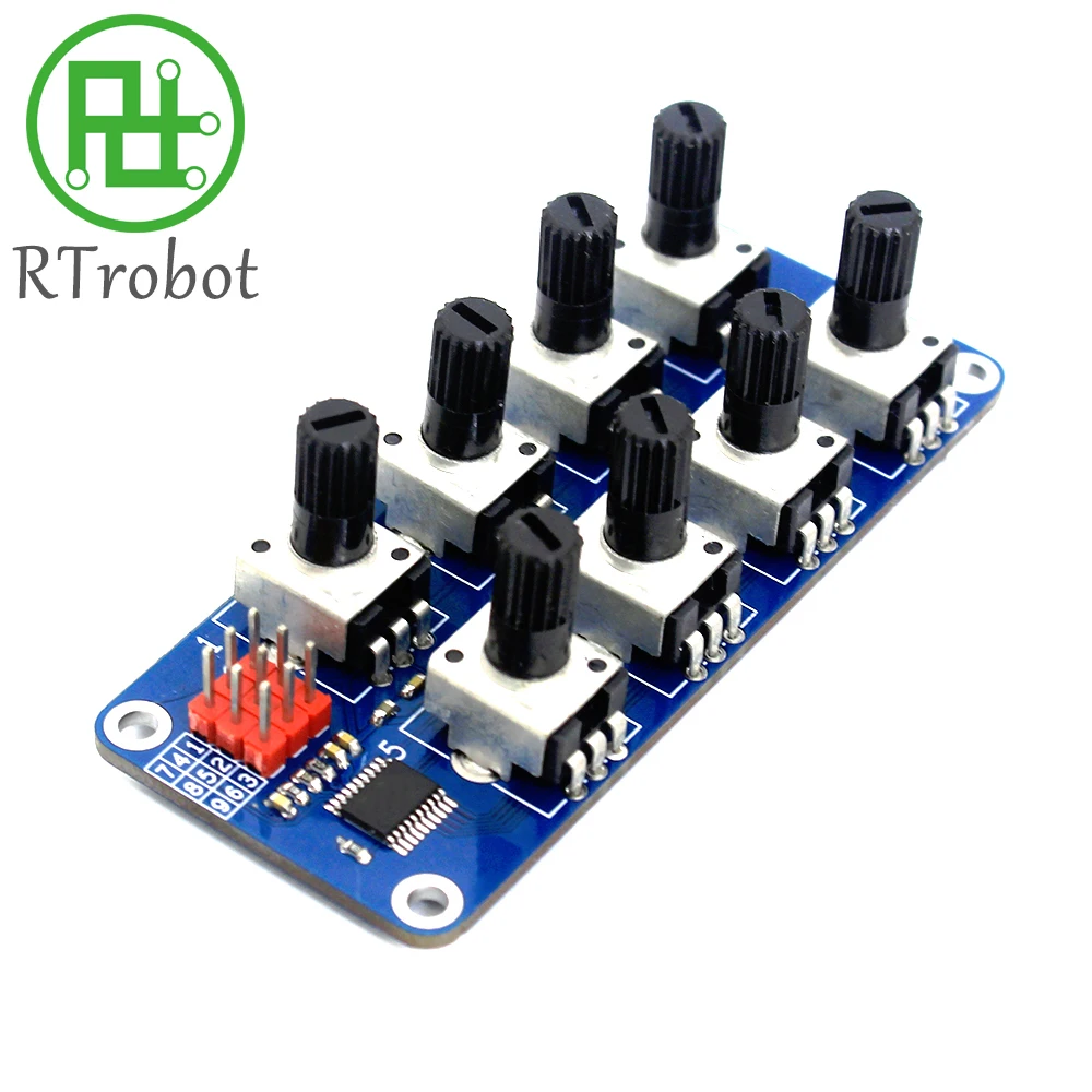 Premier plan du module potentiomètre réglable 8 bits I2C pour contrôle de servo RC, avec ses broches dorées et un petit potentiomètre bleu.