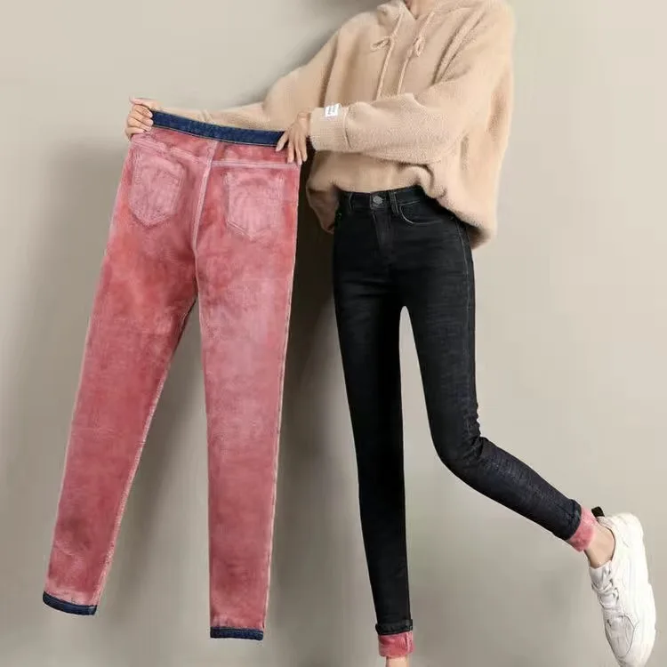 

2022 Winter Jeans Women Gold Fleeces Inside Thickening Denim Pants High Waist Warm Trousers Female jeans woman Pants Plus size