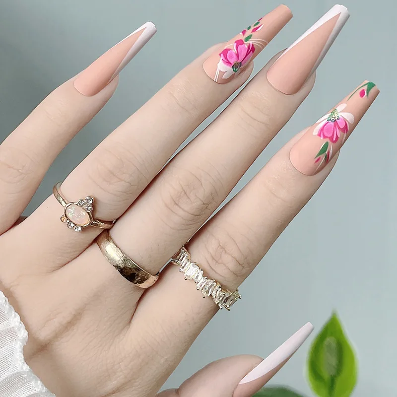 Matte White V Shape French Wearable Nail Art Pink Flowers Long Ballet Press On Nail Detachable Finished False Nails With Glue
