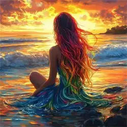Frameless 5D DIY Diamond Painting - Beauty Girl at Seaside Sunset Wall Decor - Round 60x60CM (264)