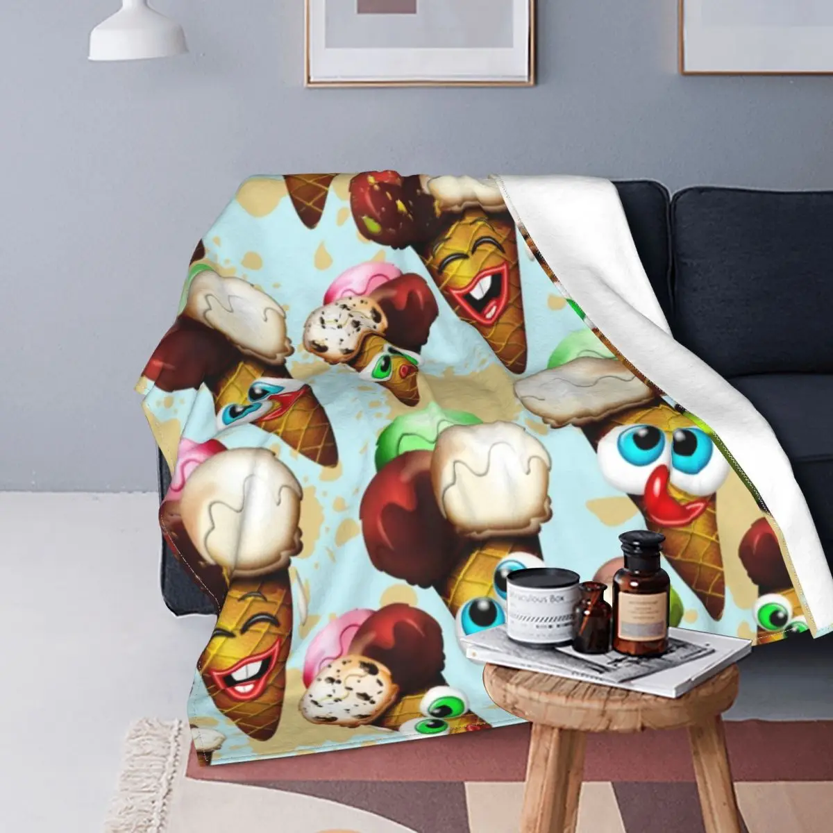 

Funny Ice Cream Cartoon Fleece Flannel Blanket for Girl Novelty Birthday Gift Fluffy Soft Lightweight Warm Bedding Throw Blanket