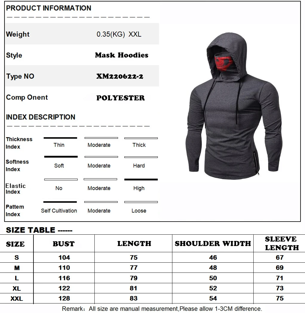 Fabrik Direkt verkauf einfarbig Sport Freizeit Fitness Maske Schädel Druck Sweatshirt Herren dünnen Pullover Kapuze Langarm Hoodie – Detail 1