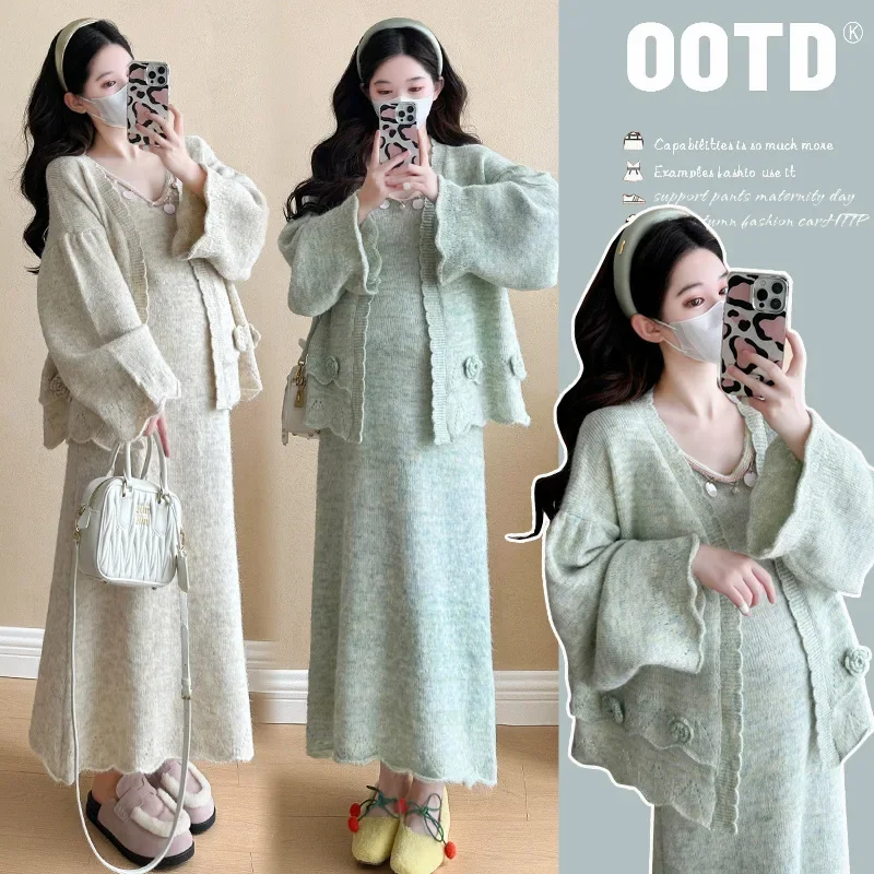 Fashionable Knitted Long Dress Set for Pregnant Women Autumn Wear Open Cardigan plus Size Trendy Maternity Clothing