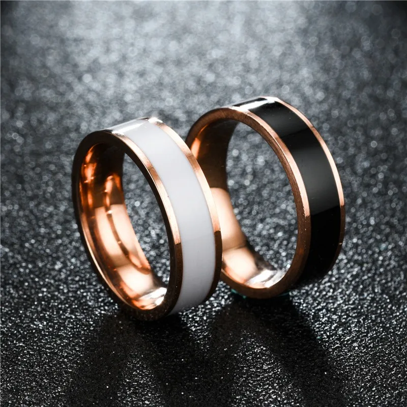 Wedding Rings Rose Gold Color White Black Charm for Woman Man Engrave Name 316L Stainless Steel Never Fade