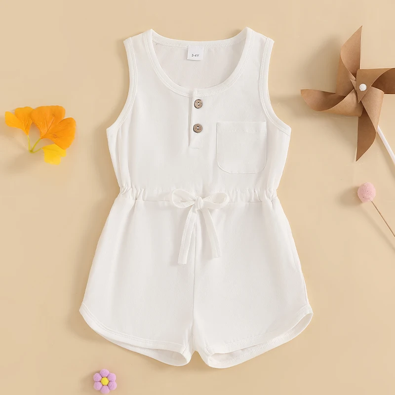 2024-12-04 Lioraitiin Litter Girls Summer Casual Jumpsuit Sleeveless Crewneck Solid Color Drawstring Tank Romper 2