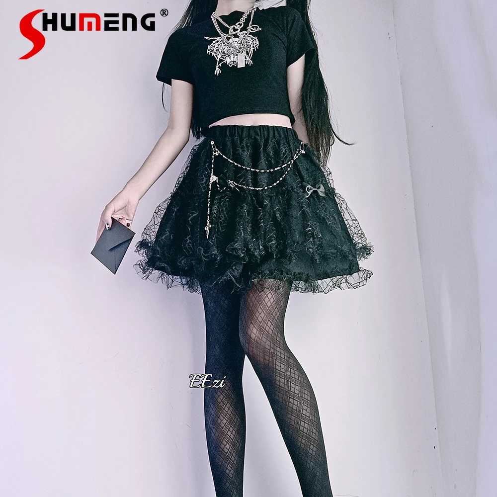 Original Dark Goth Hot Girl Chain Cake Skirts Women 2024 Spring New Gothic Harajuku Black Lace Short Skirt Y2k Clothes Female morbid original spring summer 2020 new leopard zebra triangle lace patch punk gothic scarf hair band personality headband