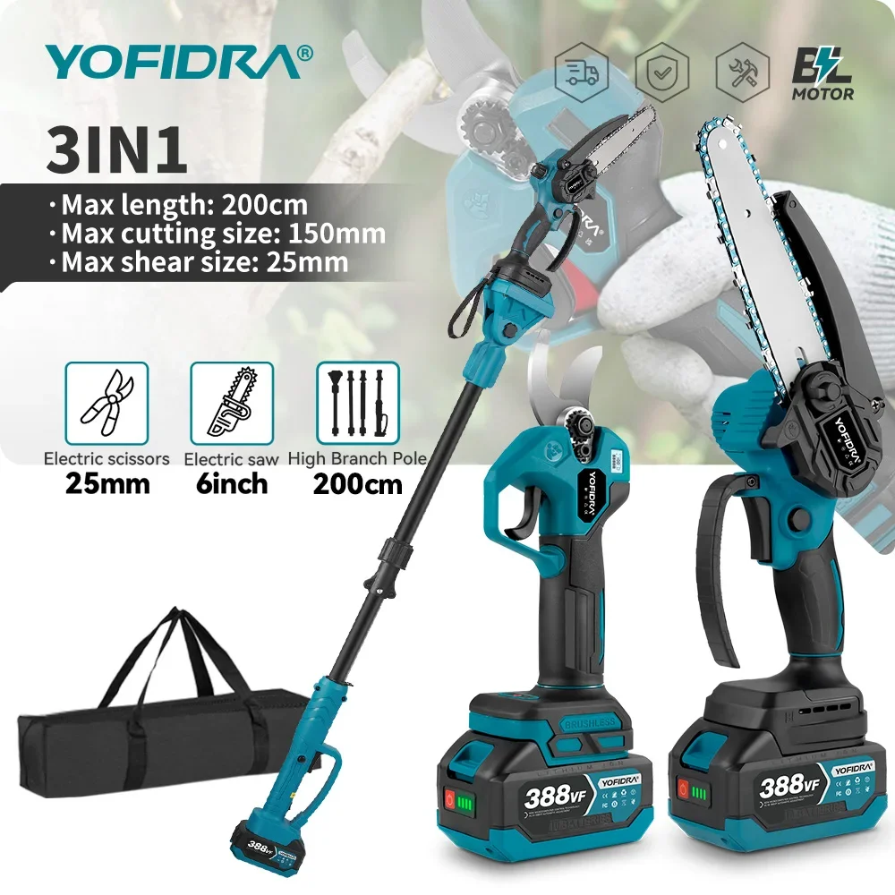 Sierra Rama YOFIDRA-motosierra eléctrica sin escobillas, poste telescópico 3 en 1 ...