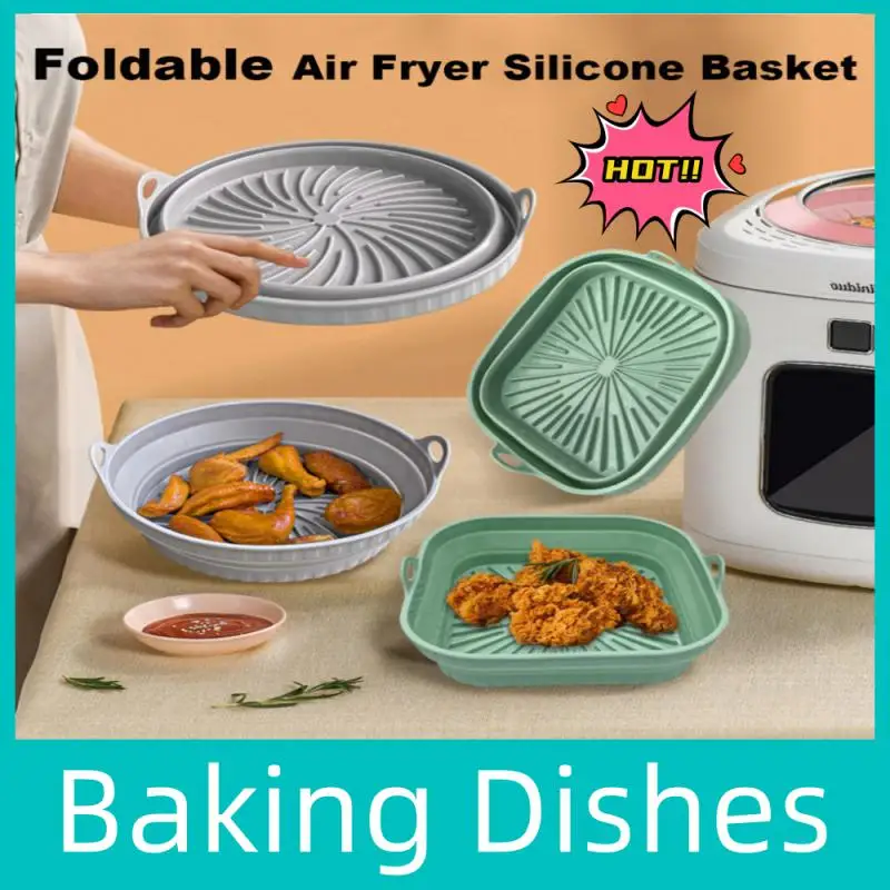 

Air Fryer Silicone Basket Foldable Round Square Mold Airfryer Oven Baking Tray Pizza Fried Chicken Basket Reusable Pan Liner