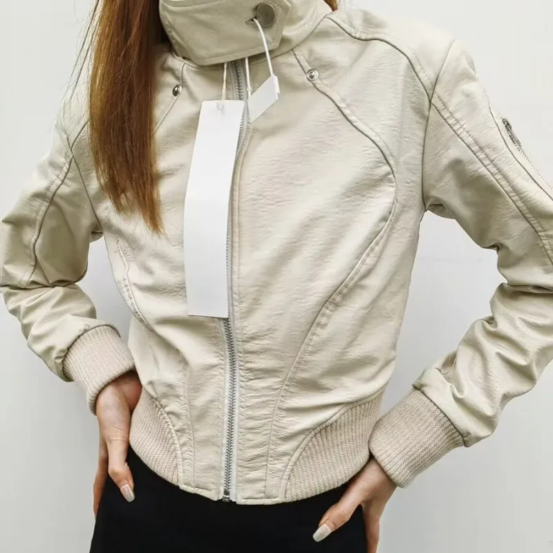 2024-new-style-women's-washed-leather-jacket-with-belt-short-coat-with-downgraded-zipper-and-vintage-lapel-jacket