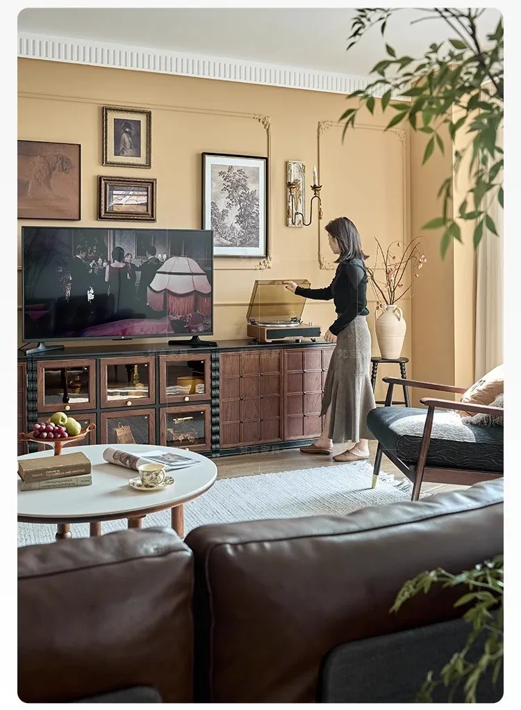 French Display Solid Wood TV Stand Exposed Frame Modular Storage Mid Century Modern Vintage Floor Cabinet Living Room Furniture