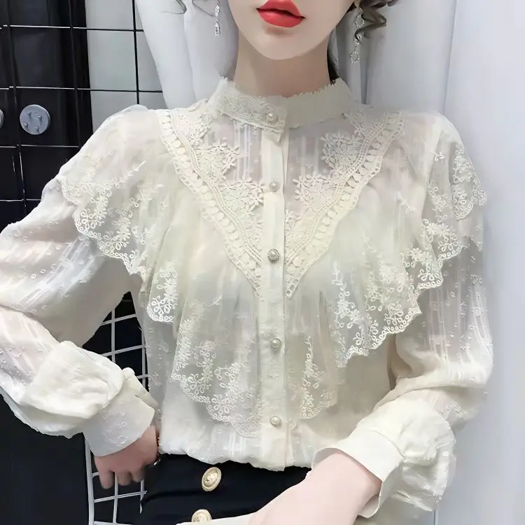 

Korean Women Embroidery Blouse Stand Collar Long Sleeves Short Open Stitch Lace Shirt Office Lady Mesh Patchwork Top T779