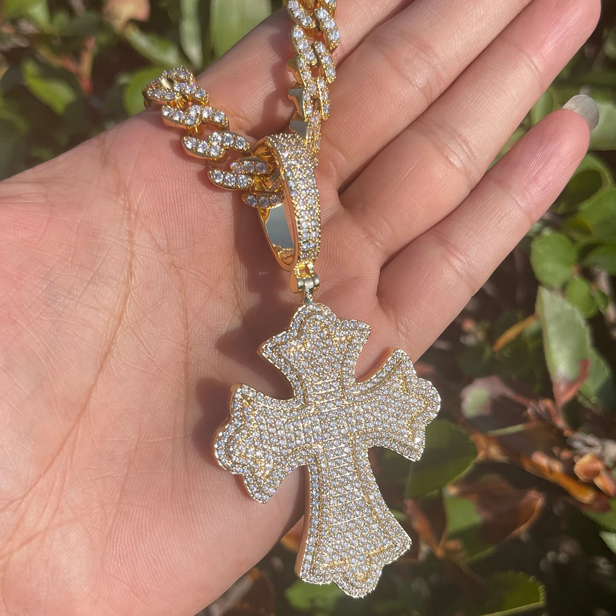 24k Fully Iced Blinged Out Templar Cross Hip Hop Pendant Chain 