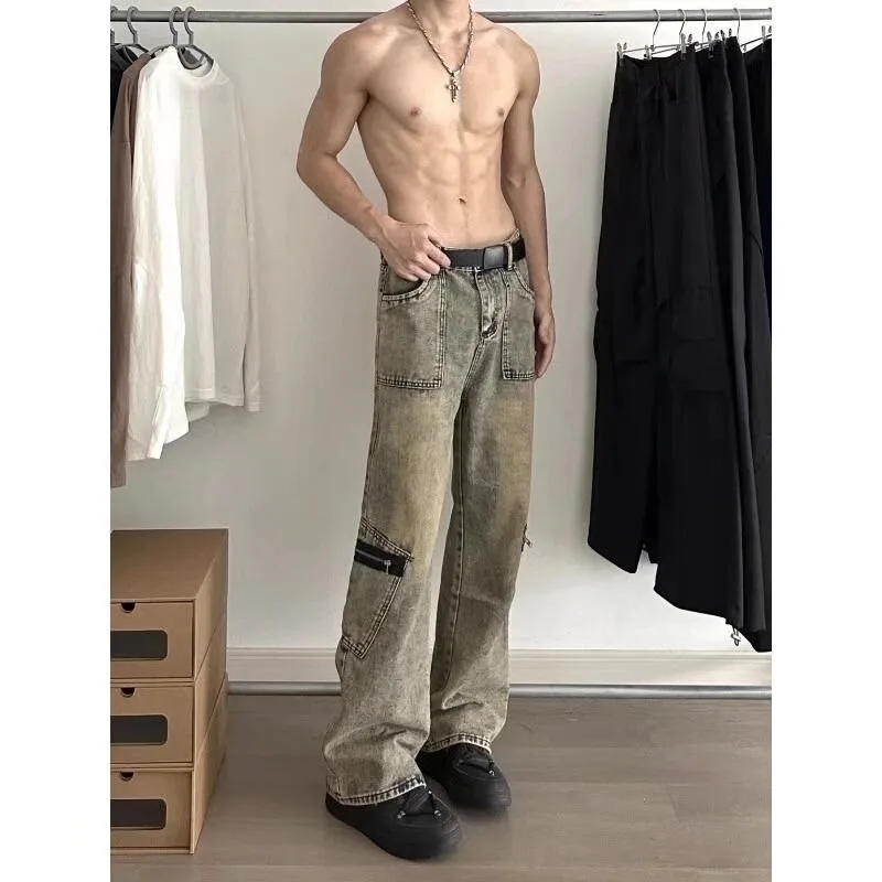 Blue Jeans men American Y2K Vintage High Waisted Jean Straight Streetwear Casual Loose Wide Leg Denim Pants Ripped Trouser