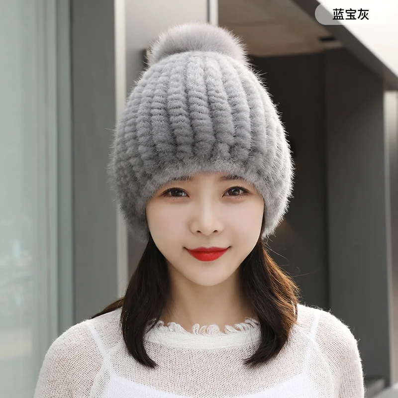 Winter Fur Hat Real Mink Fur Hat For Women Knitted Mink Ear Warm Cap The Spiral Beanies Cap With Fox Pompom On The Top