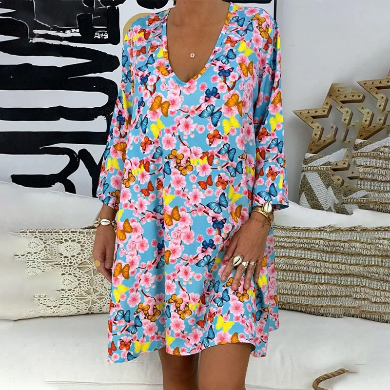

SKMY Womens Clothes New Arrival 2022 Casual V-Neck Long Sleeve Dress Fashion Printed Loose Mini Dress Party Sexy Club Outfits