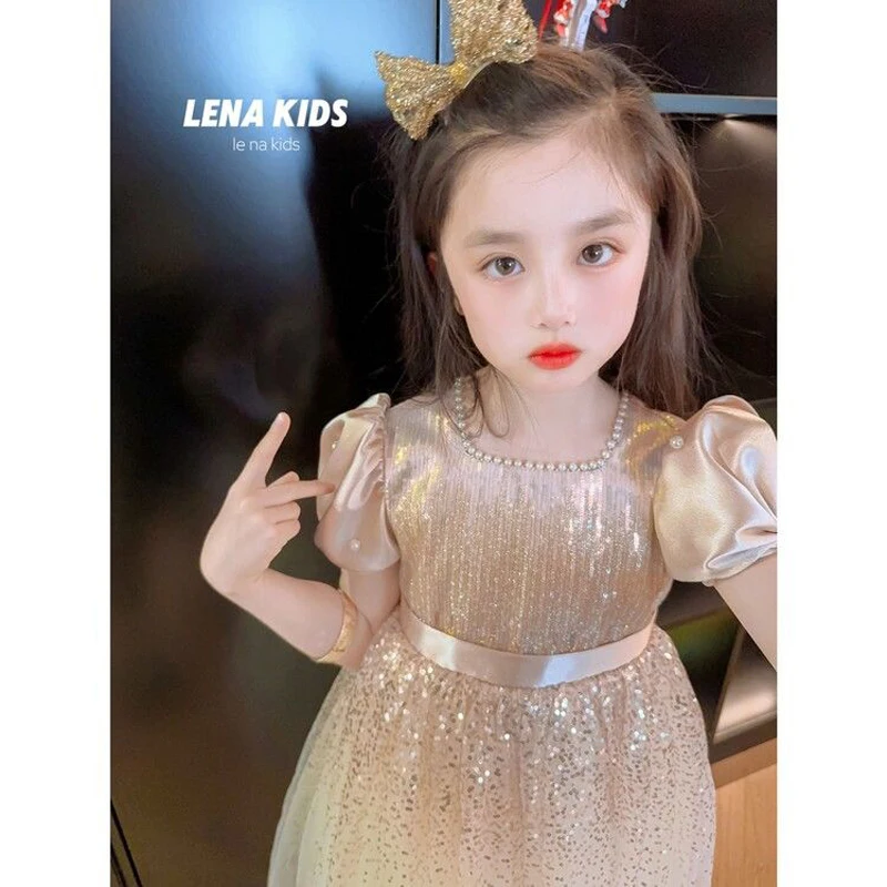 

Spring Summer Childrens Princess Ball Gown Backless Birthday Glod Shiny Gauze Party Evening Dresses Girls Performance Clothing